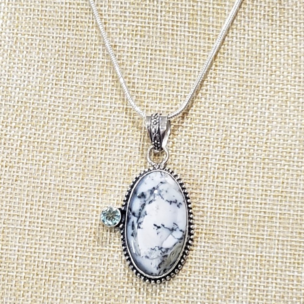 Beautiful Handmade Natural Dendritic Opal Topaz Gem 925 Pendant Necklace
